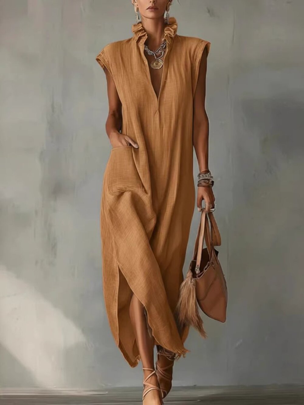 Women's Orange Cotton-Linen Style Sleeveless Shirt Dress